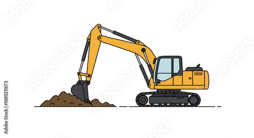 Yellow and Black Cartoon Excavator Digging Earth.
