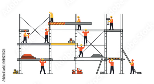 Construction Workers Building Scaffolding with Tools and Materials.