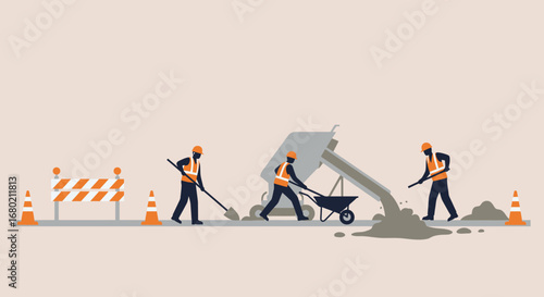 Construction Workers Pouring Concrete on Road with Equipment.