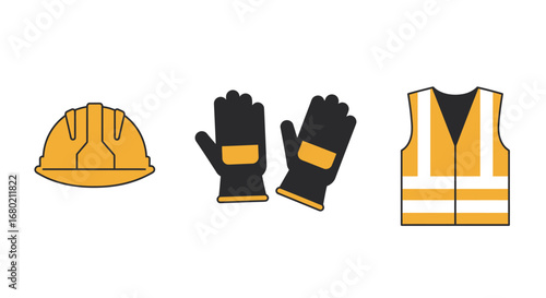 Safety Gear Icons: Hard Hat Gloves and Vest.