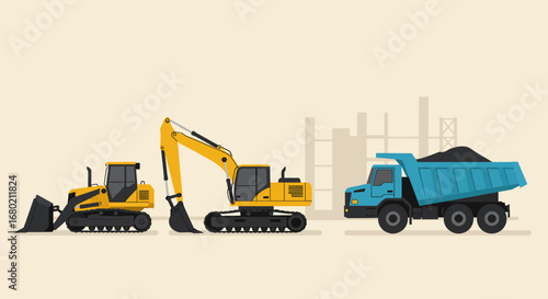 Vector Illustration of Construction Vehicles on Beige Background.