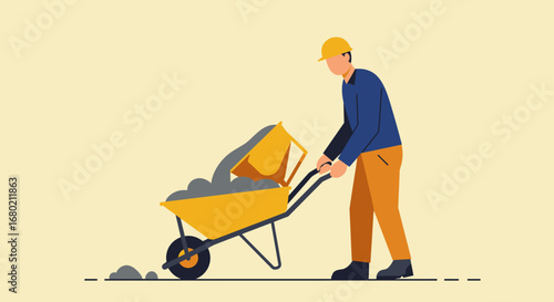 Construction Worker Pushing Wheelbarrow with Concrete Vector Illustration.
