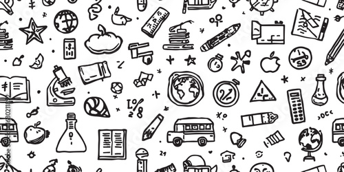 Seamless Pattern of Hand Drawn School Supplies and Educational Icons for Back to School Concepts and Designs Perfect for Backgrounds