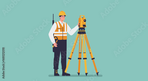 Surveyor with Total Station Instrument and Tripod.
