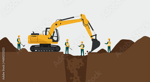 Yellow Excavator Digging with Construction Workers at Site.