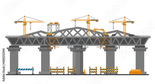 Construction of a Modern Bridge with Cranes.