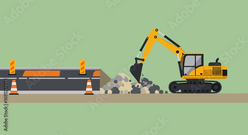 Yellow Excavator Digging Earth Near Road Construction Site.