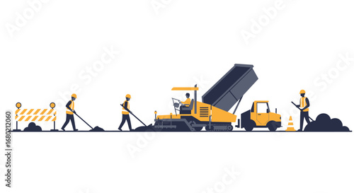 Road Construction Scene with Workers and Machinery.
