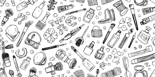 Seamless Pattern of Sketched Makeup and Beauty Products on White Background Stylish and Elegant Design for Cosmetic Brands