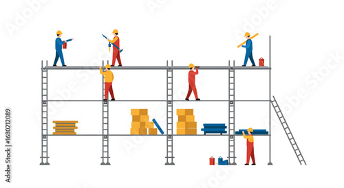 Construction Workers Building Scaffolding with Tools and Materials.