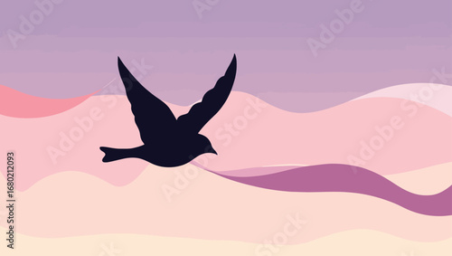 Serene silhouette of a bird flying through a dreamy sunset landscape illustration