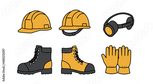 Safety Gear Set: Hard Hats Boots Gloves and Ear Protection.