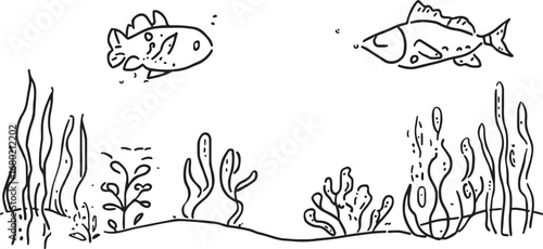 Simple black and white underwater scene with fish and seaweed for kids illustration art design vector drawing for coloring pages and books