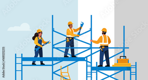 Construction Workers Assembling Scaffolding with Tools and Safety Gear.