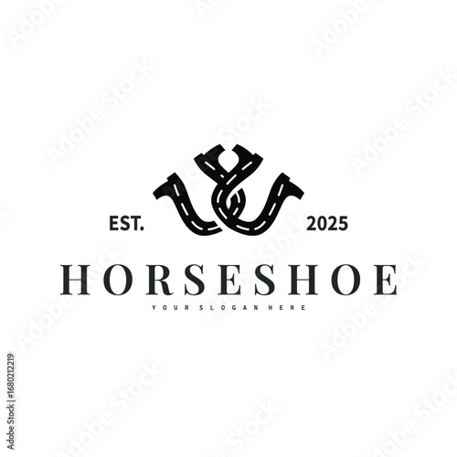 Horseshoe logo with minimalist black silhouette design as a symbol of horse ranch and blacksmith symbol logo template illustration concept for brand or poster