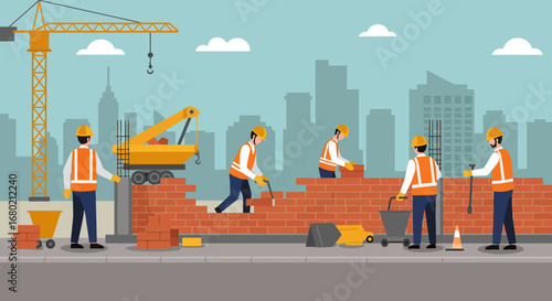 Construction Workers Building Brick Wall with Equipment.