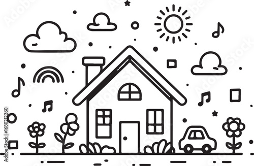 Simple black and white vector illustration of a cozy house surrounded by nature creating a joyful scene suitable for childrens illustration