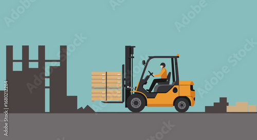 Yellow Forklift Carrying Pallets with Driver Illustration.