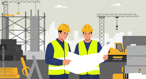 Two Construction Workers Reviewing Blueprints on Site.