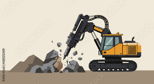 Yellow and Black Hydraulic Breaker Breaking Rocks.