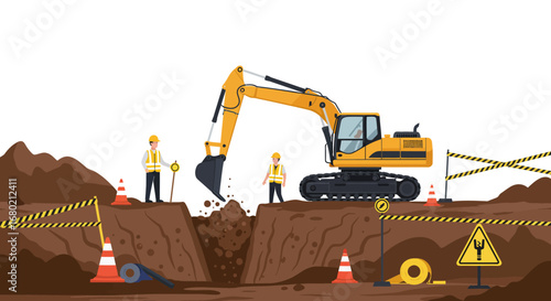 Yellow Excavator Digging Earth with Construction Workers Present.