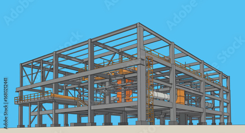 Industrial Steel Frame Structure with Orange and Gray Elements.