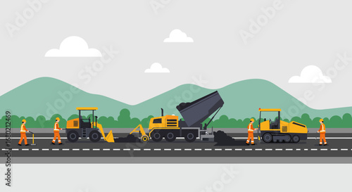Road Construction Scene with Heavy Machinery and Workers.