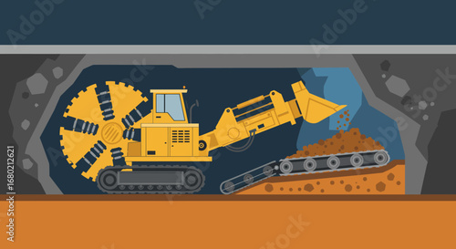 Yellow Tunnel Boring Machine Excavating Underground Mine.