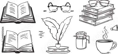 Study and learning elements in black and white illustration conveying knowledge and wisdom through books coffee and classic literary tools and eyeglasses