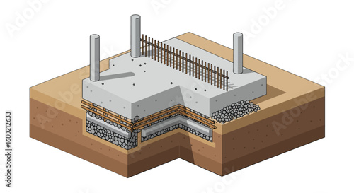 Isometric Illustration of Concrete Foundation Construction Diagram.