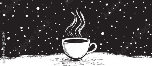 Steaming cup of coffee in a snowy landscape evoking warmth and comfort during winter season illustration black and white drawing