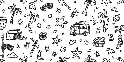 Summer Holiday Doodle Seamless Pattern with Palm Trees Starfish Sunglasses and Camper Vans for Backgrounds and Textile Designs