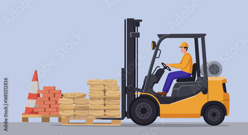 Yellow Forklift Operating with Construction Materials and Worker.