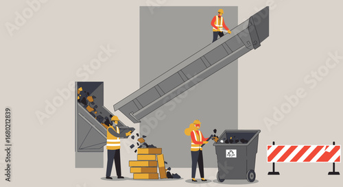 Workers Sorting and Processing Waste Materials at Site.