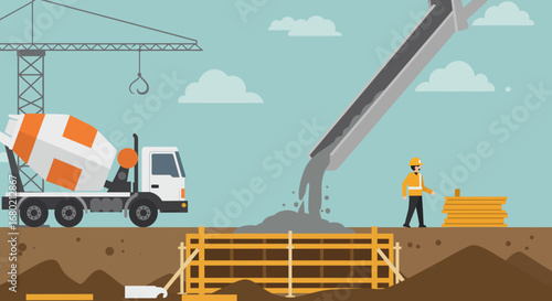 Construction Site with Concrete Mixer Truck and Worker.