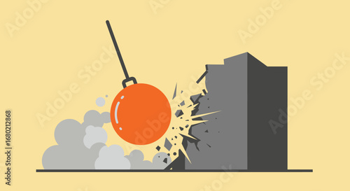 Orange Wrecking Ball Demolishing Gray Concrete Wall.