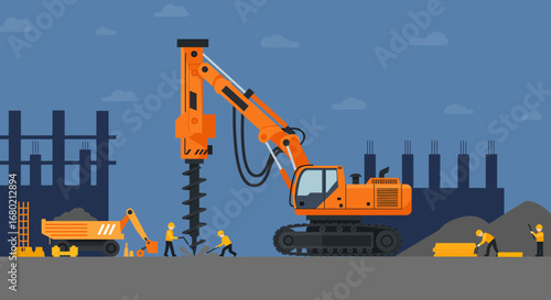 Orange Construction Drill Rig on Construction Site.