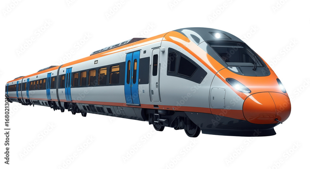 Naklejka premium Modern orange passenger train isolated on transparent background