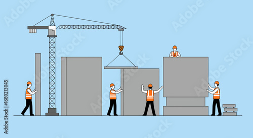 Construction Workers Assembling Building with Crane and Blocks.