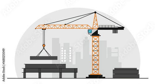 Orange Construction Crane Lifting Concrete Blocks Illustration.