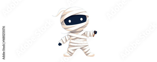 Cute cartoon mummy character holding a small object and standing upright with a friendly expression on a white background