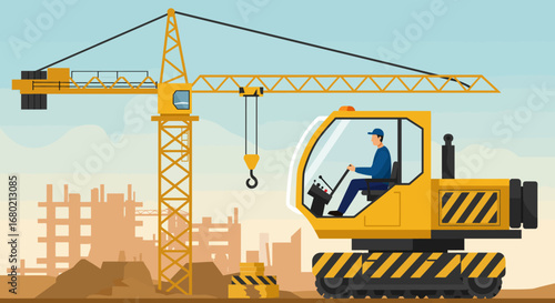 Yellow Construction Crane with Operator and Building Site.