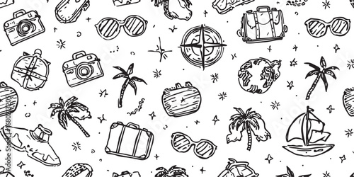 Travel and Adventure Seamless Pattern with Hand Drawn Icons in Black and White Perfect for Backgrounds and Textile Designs