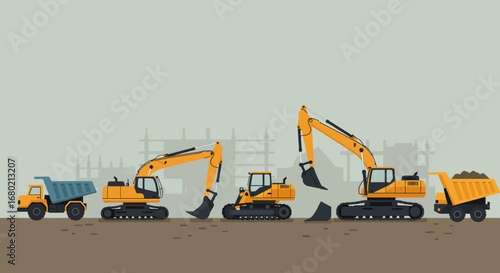 Vector Illustration of Construction Vehicles on Construction Site.