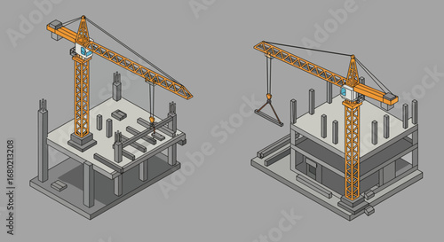 Isometric View of Construction Cranes and Building Frames.