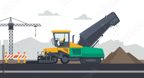 Vector Illustration of Asphalt Paver on Road Construction Site.