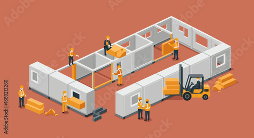 Construction Workers Assembling Building with Forklift and Materials.