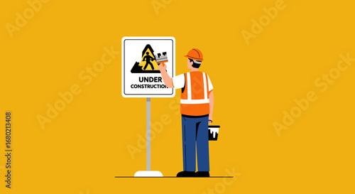 Construction Worker Painting Under Construction Sign.