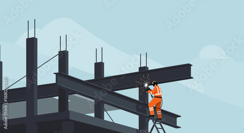 Construction Worker Welding Steel Beam on Building Site.