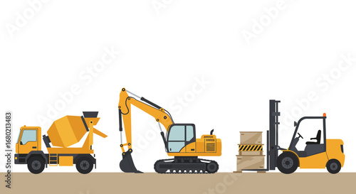 Construction Vehicles: Concrete Mixer Excavator and Forklift.